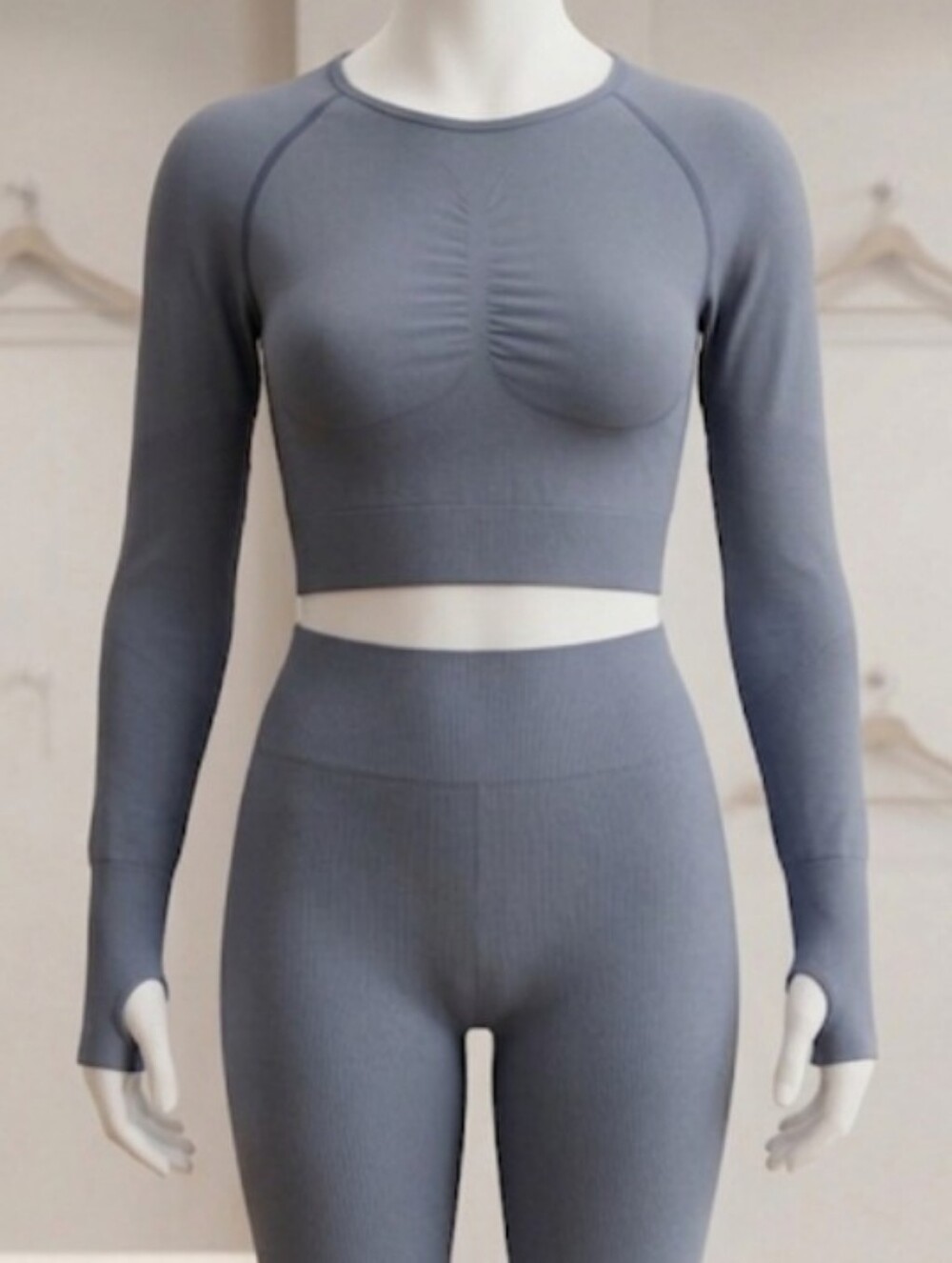 Women's Long Sleeve Cropped Seamless Top-Dusty Blue (Sz M) Athletic Performance